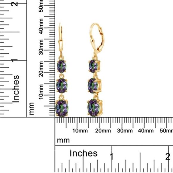 18K Yellow Gold with 6.35 Cttw 3 Stone Green Mystic Topaz Leverback Earrings - Picture 5 of 5